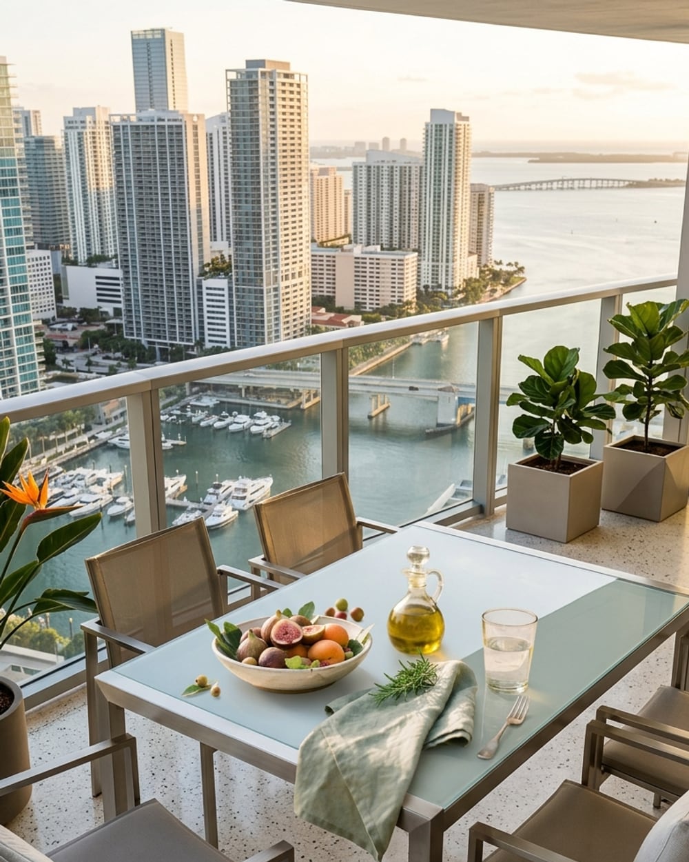 A Mediterranean table with figs, olive oil and rosemary on a Miami balcony overlooking the bay